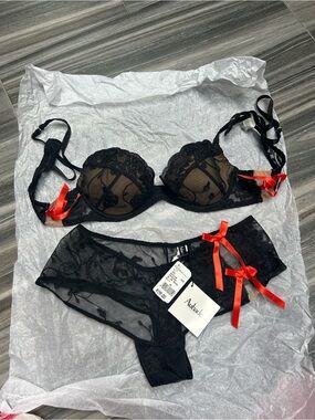 Aubade Black Sheer Lace Underwire Bra & Brief Set with Red Ribbon Detail
